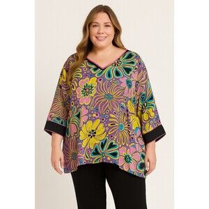 Bob Mackie Top Womens Silk 3x Psychedelic 3/4 Kimono Sleeves Groovy Boho Retro